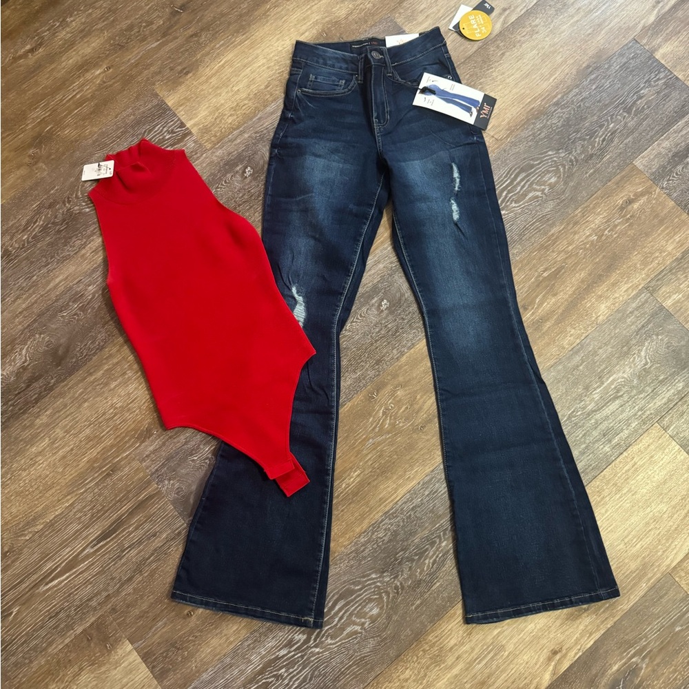 NWT Express Mock Neck Bodysuit & NWT YMI Flare Jeans